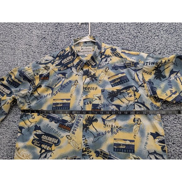 VTG Columbia Fishing Shirt Mens L Button Up Fishing Beach Tropical Hawaiian Blue - Picture 10 of 11